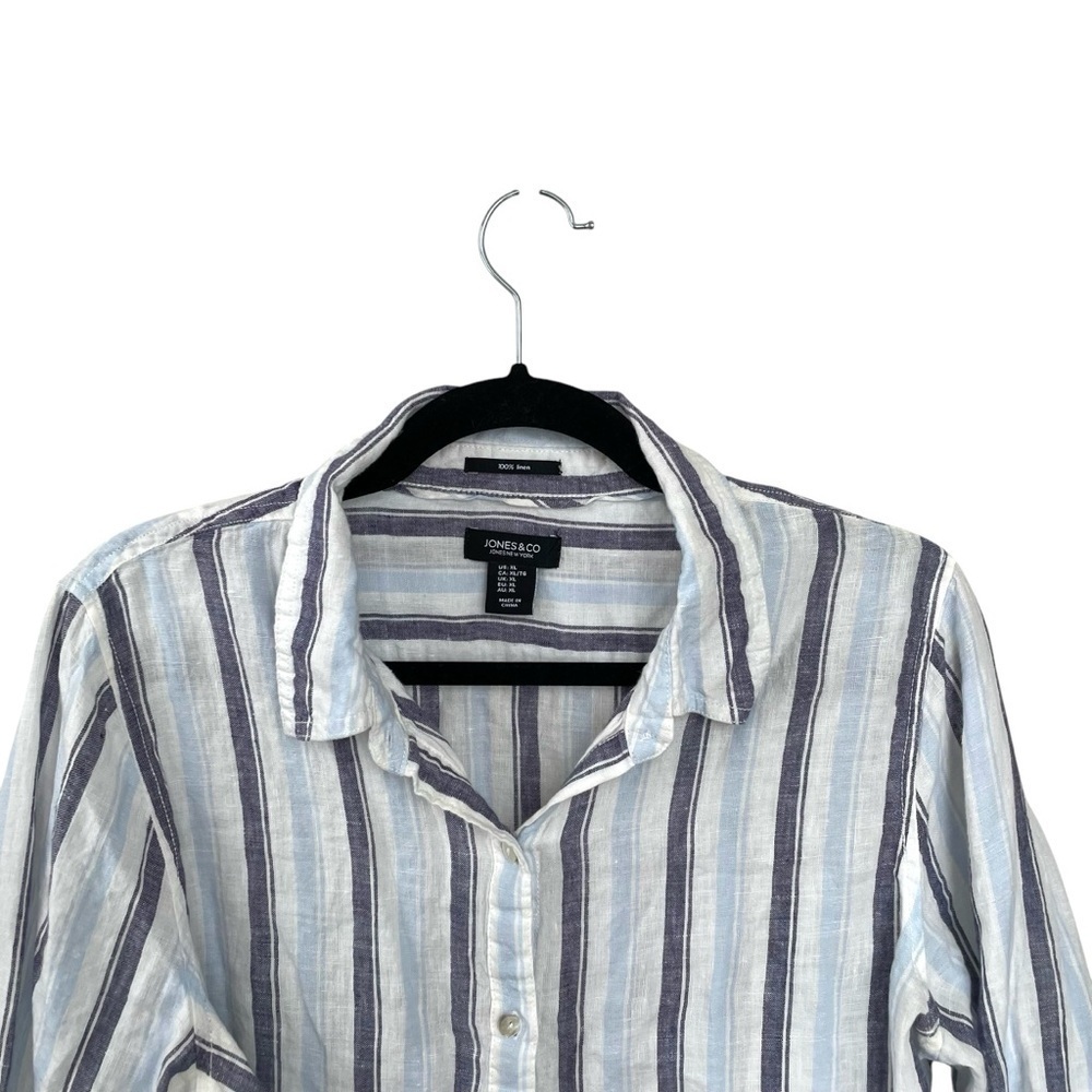 JONES NEW YORK Linen Striped Button Front Blouse White Blue XL - Picture 3 of 11